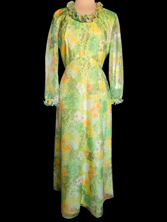 Dresses & Skirts - VTG 60s Mod Hippie Dress Long Chiffon Green Daisy Floral Formal Hostess Gown